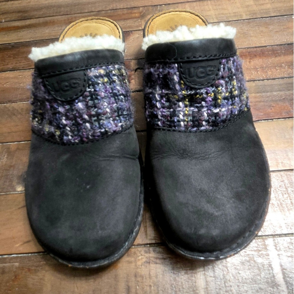 UGG Opaline Mule Clogs Women 10 Black Nubuck Leather Purple Tweed Trim Boho